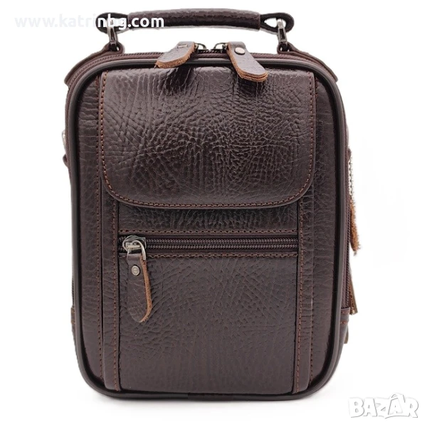 Мъжка чанта през рамо естествена кожа в тъмнокафяв цвят с ципове и къса дръжка Код на продукта:K-024, снимка 1
