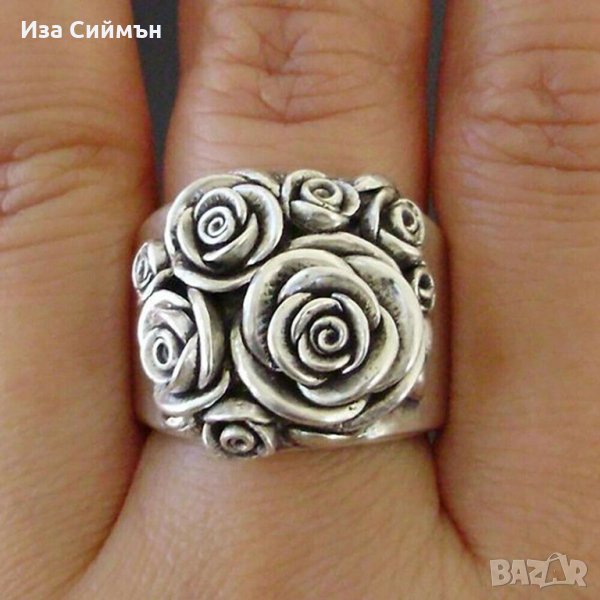 Масивен сребърен винтидж пръстен с рози, снимка 1