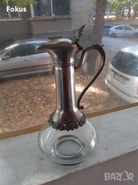 Стара антикварна кана графа стъкло метал печат, снимка 1