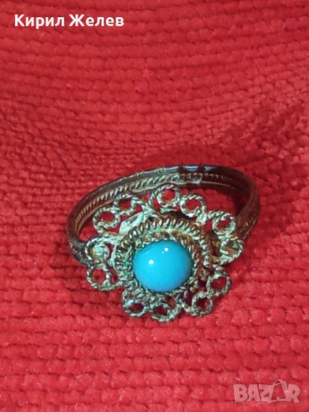 ВЪЗРОЖДЕНСКИ СРЕБЪРЕН ТЮРКОАЗЕН ФИЛИГРАНЕН ПРЪСТЕН САЧАН СРЕБРО КУЮМДЖИЙСКА РЪЧНА ИЗРАБОТКА 25118, снимка 1