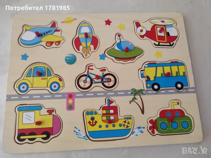 Дървен  пъзел превозни средства , снимка 1