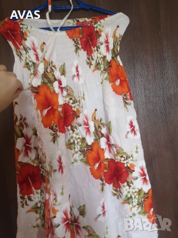 Лятна хавайска рокля бяла с цветя и връзки M-L размер, снимка 3 - Рокли - 36880648