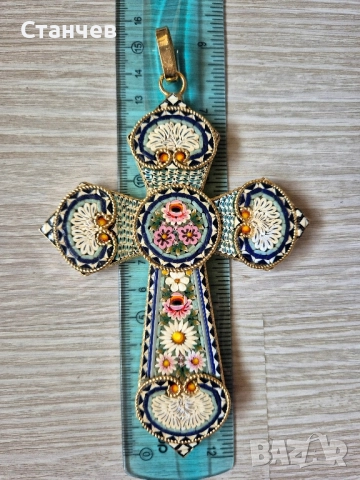Италиански кръст от микромозайка – ръчна изработка, 15 см, снимка 2 - Антикварни и старинни предмети - 52293800