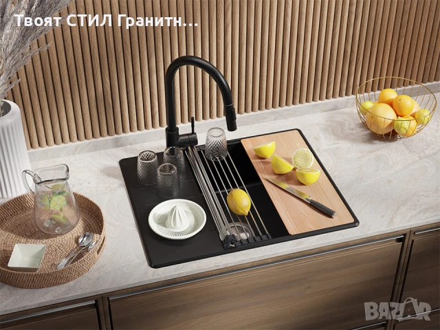 Черна кухненска гранитна мивка Копенхаген 50 Top 620х500, снимка 4 - Мивки - 51299485