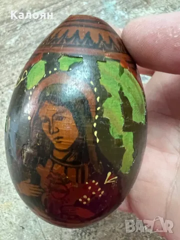 Старо, дървено яйце с нарисувани религиозни мотиви , снимка 6 - Други ценни предмети - 47368078
