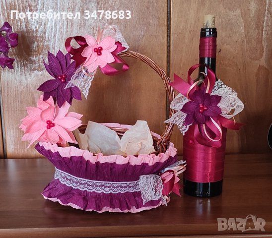 👌👌👌 Чудесен подарък за 8ми март -  декорирани кошничка и бутилка 👌👌👌за вино!, снимка 3 - Декорация за дома - 38983163