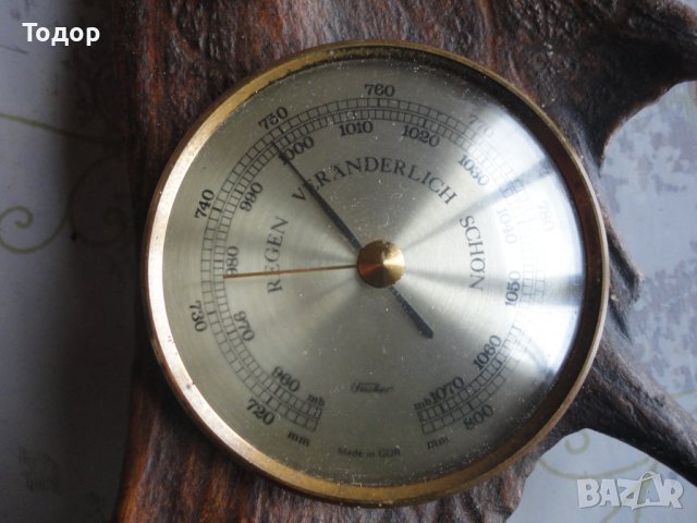Уникален барометър еленов рог Fischer made in GDR, снимка 3 - Колекции - 39948769