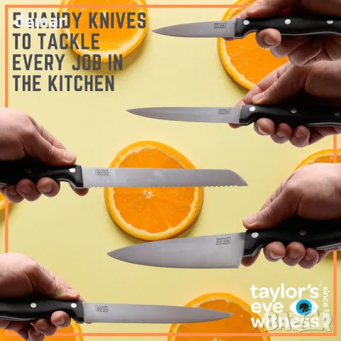 Комплект ножове от 5 части с компактен дървен блок Taylors Eye Witness, снимка 6 - Прибори за хранене, готвене и сервиране - 49988533