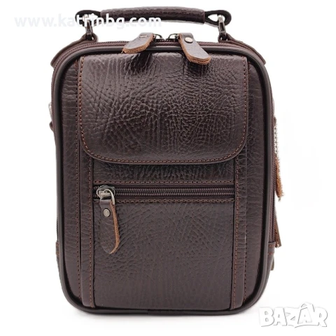 Мъжка чанта през рамо естествена кожа в тъмнокафяв цвят с ципове и къса дръжка Код на продукта:K-024