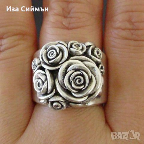 Масивен сребърен винтидж пръстен с рози