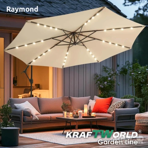 Висящ градински чадър Monaco 3м KraftWorld | Соларено LED осветление | Бежов Лукс | 220g/m², снимка 15 - Градински мебели, декорация  - 51053169