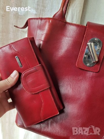 Голяма червена чанта естествена кожа + ПОДАРЪК червено портмоне естествена кожа , снимка 4 - Чанти - 40576289
