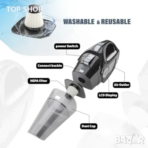 Нова Мощна прахосмукачка и компресор с LCD дисплей и LED светлина за кола, снимка 3 - Прахосмукачки - 50239996