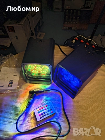2 бр. захранвани от батерии прожектори, презареждащи се, Par Can 6x18W RGBWA+UV LED , снимка 3 - Аудиосистеми - 53109291