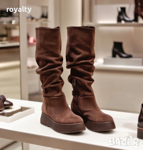 Равни ботуши - кафяв велур, снимка 7 - Дамски ботуши - 53193628