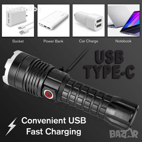 Мощен ръчен лед прожектор P90 фенер акумулаторен зарядно USB лов XHP90, снимка 2 - Къмпинг осветление - 40109922