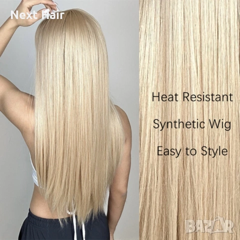 Права перлено руса синтетична перука с бретон 65 см, снимка 4 - Аксесоари за коса - 53520058