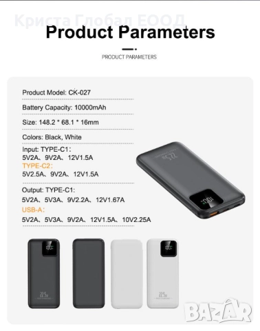 Power Bank CK-027 BLUE 10000 mAh – Компактна преносима батерия, USB-C, Бързо зареждане, снимка 4 - Външни батерии - 51708641