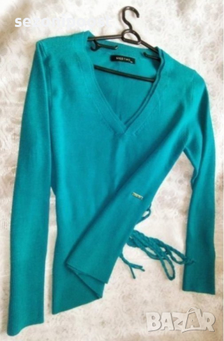 💚👠💚Дамска стилна и топла блуза "MISS TWO" с коланче в цвят тюркоаз-С,М,Л,ХЛ💚