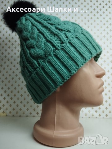 Дамска плетена шапка с естествен косъм лукс- мпш39, снимка 3 - Шапки - 43302159