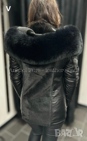 Дамско черно кожено яке кожух парка с естествен пух косъм качулка лисица алкантара естествена кожа, снимка 2 - Якета - 52867865