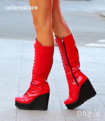 Ботуши на платформа - червен лак - 1905, снимка 2 - Дамски ботуши - 34308920