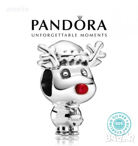 Талисман Коледни Пандора сребро проба 925 Pandora Little Reindeer. Колекция Amélie, снимка 1 - Гривни - 38685077