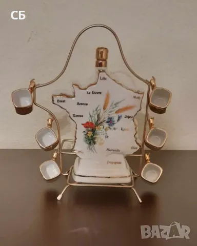 Френска сувенирна бутилка с мини чашки и троен сет от костен порцелан