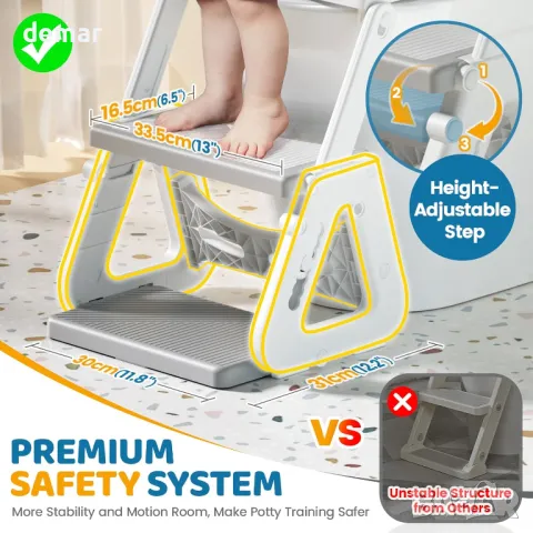 Orzbow Регулируема тоалетна седалка за приучаване към гърне със стъпала, сиво, снимка 2 - Други - 47314927