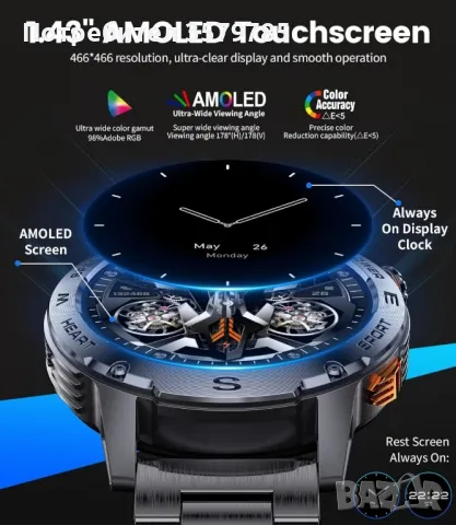 Мъжки смарт часовник FOXBOX с функция за телефон, 460 mAh, 1,43 инча Amoled HD фитнес тракер , снимка 2 - Мъжки - 49017928