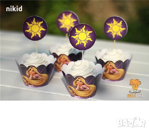 Рапунцел rapunzel 12 бр топери и кошнички украса декорация за мъфини кексчета торта и парти