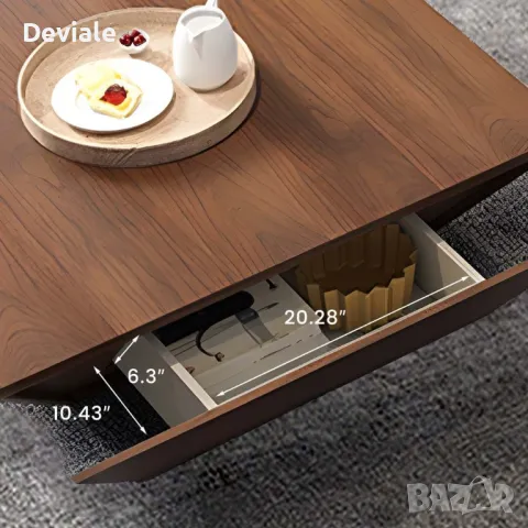 Модерна Минималистична дървена трапецовидна холна масичка за кафе с място за съхранение, орехов фурн, снимка 5 - Маси - 48397647