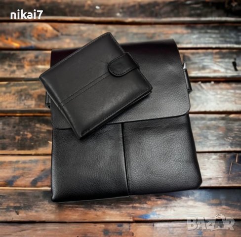 Мъжка чанта+портфейл комплект 2в1 от естествена кожа телешки бокс