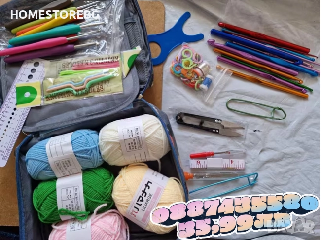 Комплект аксесоари за плетене, 107 части, 14 алуминиеви куки – Пълен сет за начинаещи, снимка 1