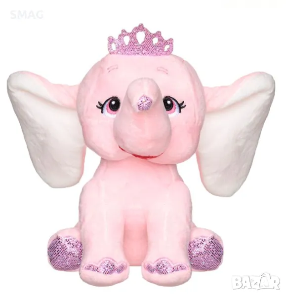 Плюшен слон, розови големи уши, фуксия, блестяща корона, 21 см S_1212885, снимка 1
