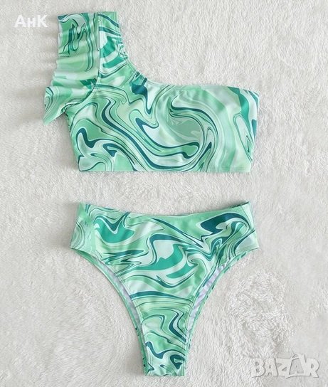 Зелено-син бански костюм на мотиви, с едно рамо, снимка 1