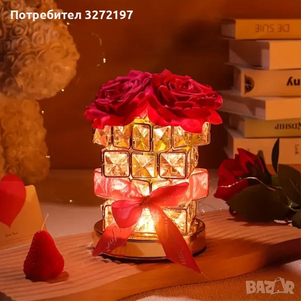 Червена Роза USB,Димируема Настолна Лампа от Розов Кристал, снимка 1