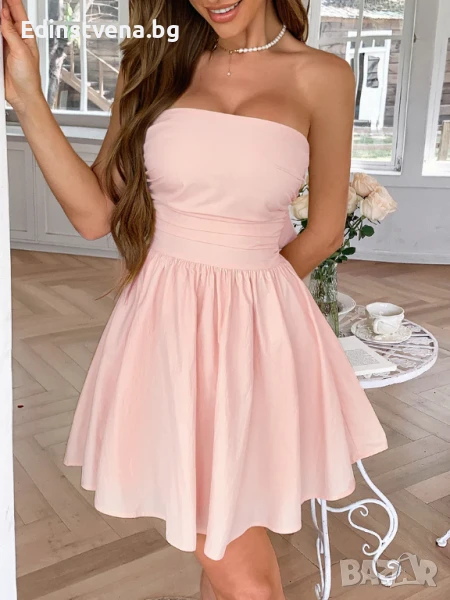Дамска елегантна розова къса рокля без презрамки, с голяма панделка на гърба, снимка 1