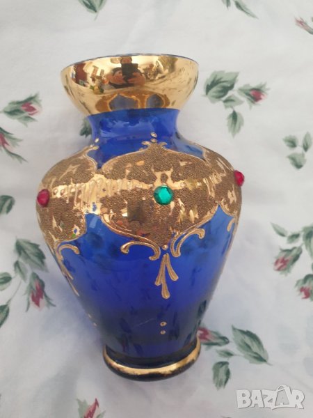 синя ваза с позлата bohemia, снимка 1
