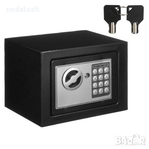 Сейф с ключ и комбинация, 17x17x23 см, черен