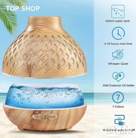 Junlic Aroma Diffuser 400 ml, ултразвуков овлажнител с осветление, снимка 5 - Декорация за дома - 48647760