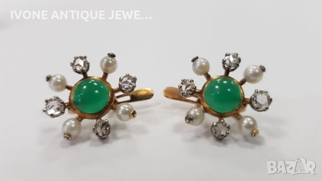 Златни обеци с диаманти , хризопрас и перли , снимка 2 - Обеци - 52794249