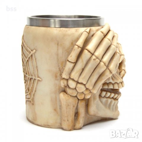 Код 95617 Стилна чаша от полирезин и метал - релефен череп "ни видял", снимка 3 - Чаши - 37043949