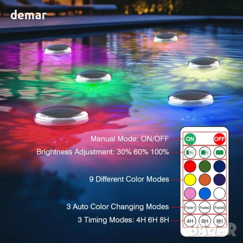 Соларни осветителни тела за басейн Toowell, 2 броя, плаващи с дистанционно, IP68, снимка 2 - Басейни и аксесоари - 51234950