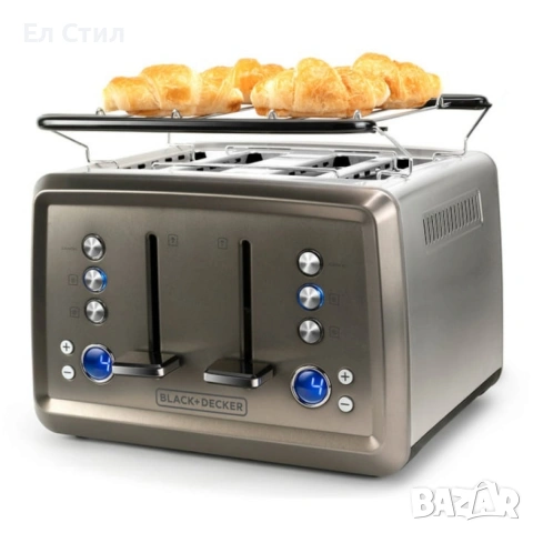 Мощен тостер Black+decker BXTO1960E - Неръждаема стомана с 4 слота, LCD дисплей и стойка за кифли, снимка 4 - Тостери - 53588001