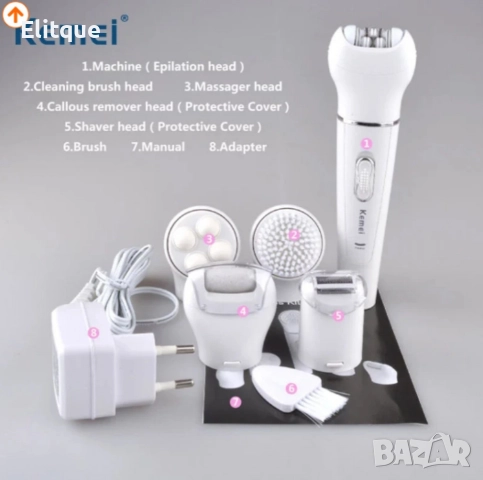 Епилатор Kemei 5 в 1, Бръснене, Масаж, Почистване и Ексфолиране