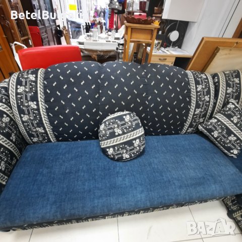 Ъглов  диван+ спане+ракла син плюш и дамаска, снимка 3 - Дивани и мека мебел - 43584533