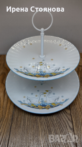 Поднос за сервиране на сладки с две нива. Чинии с декор гъски Wunsiedel Bavaria 1970 г., снимка 12 - Форми - 44846202