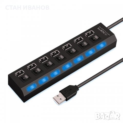 USB Хъб, Модел EW07PH, 7 порта, Копче за включване и изключване, снимка 2 - Кабели и адаптери - 36853690