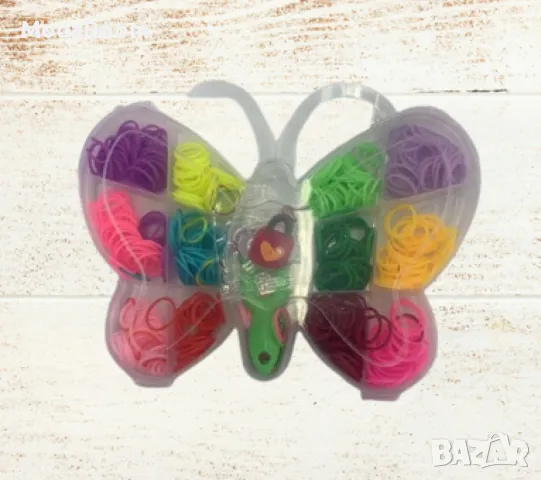 Комплект ластички за плетене на гривни - В кутия с формата на пеперуда 600 броя, снимка 5 - Гривни - 48370251